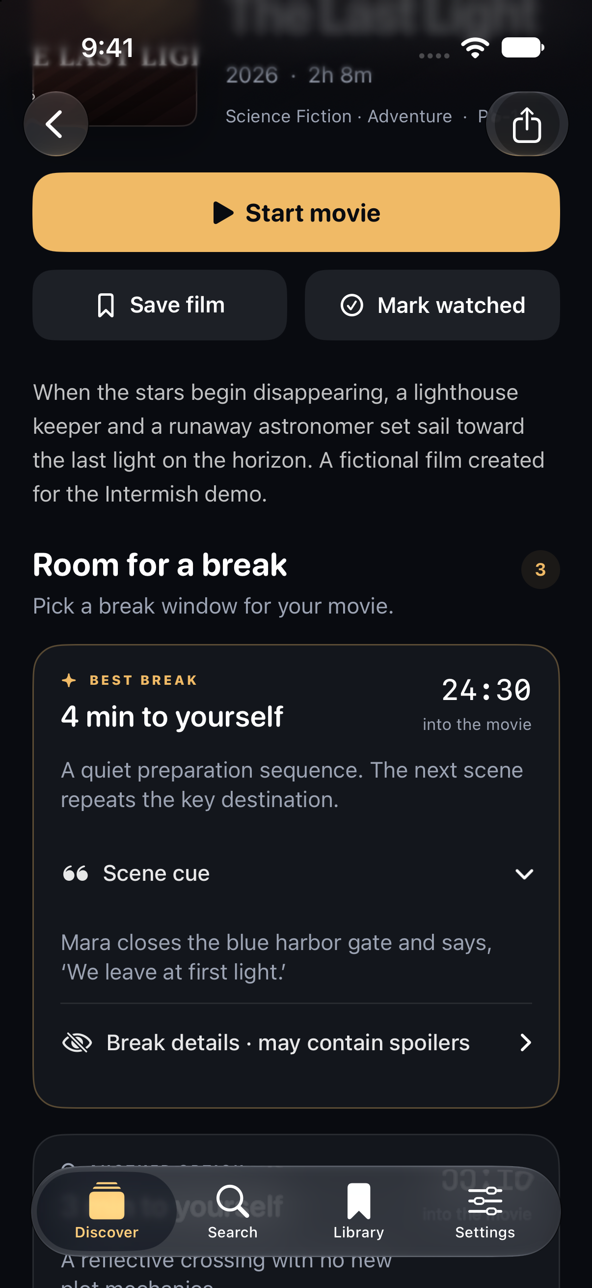 Movie guide for The Last Light, with a four-minute break at 24:30.