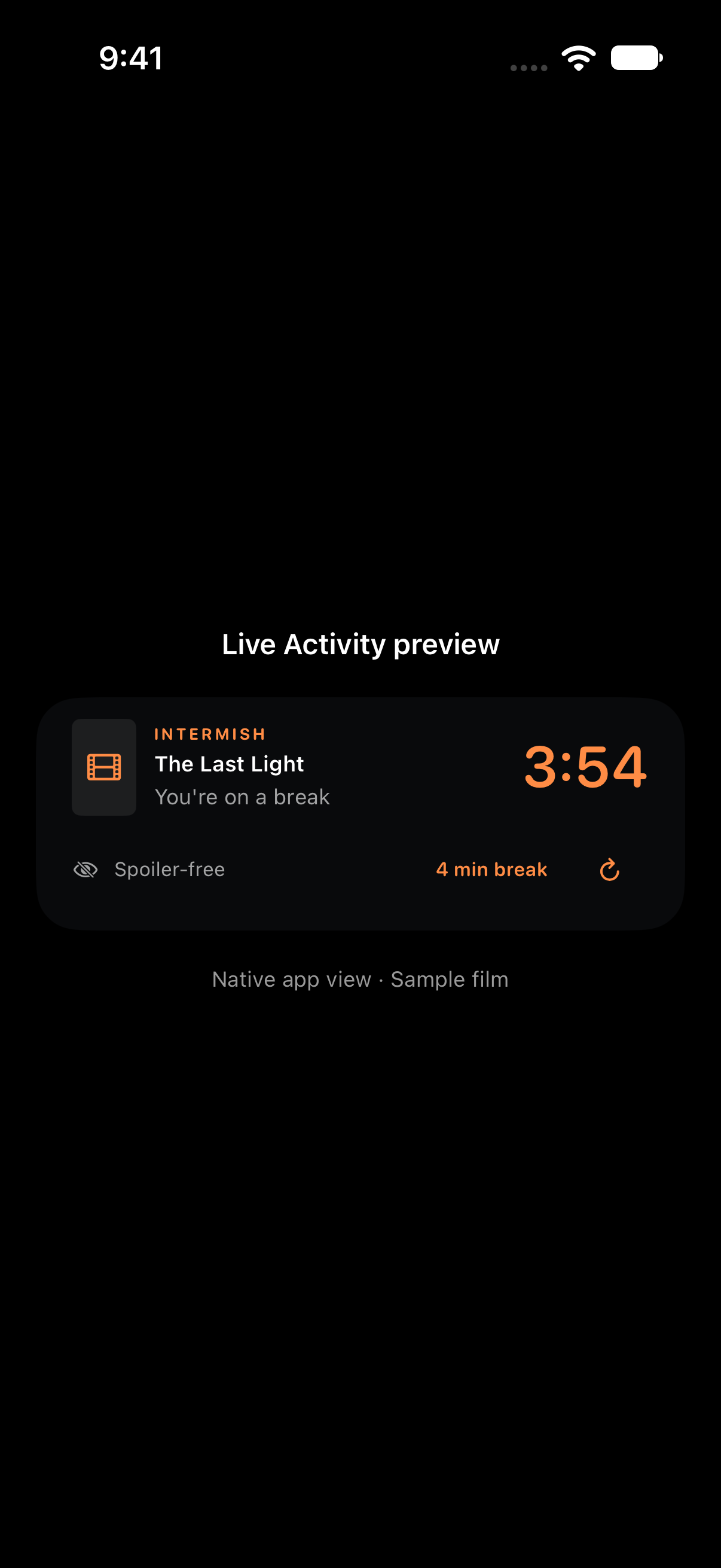 Native Intermish Live Activity preview showing the break countdown with no plot details.
